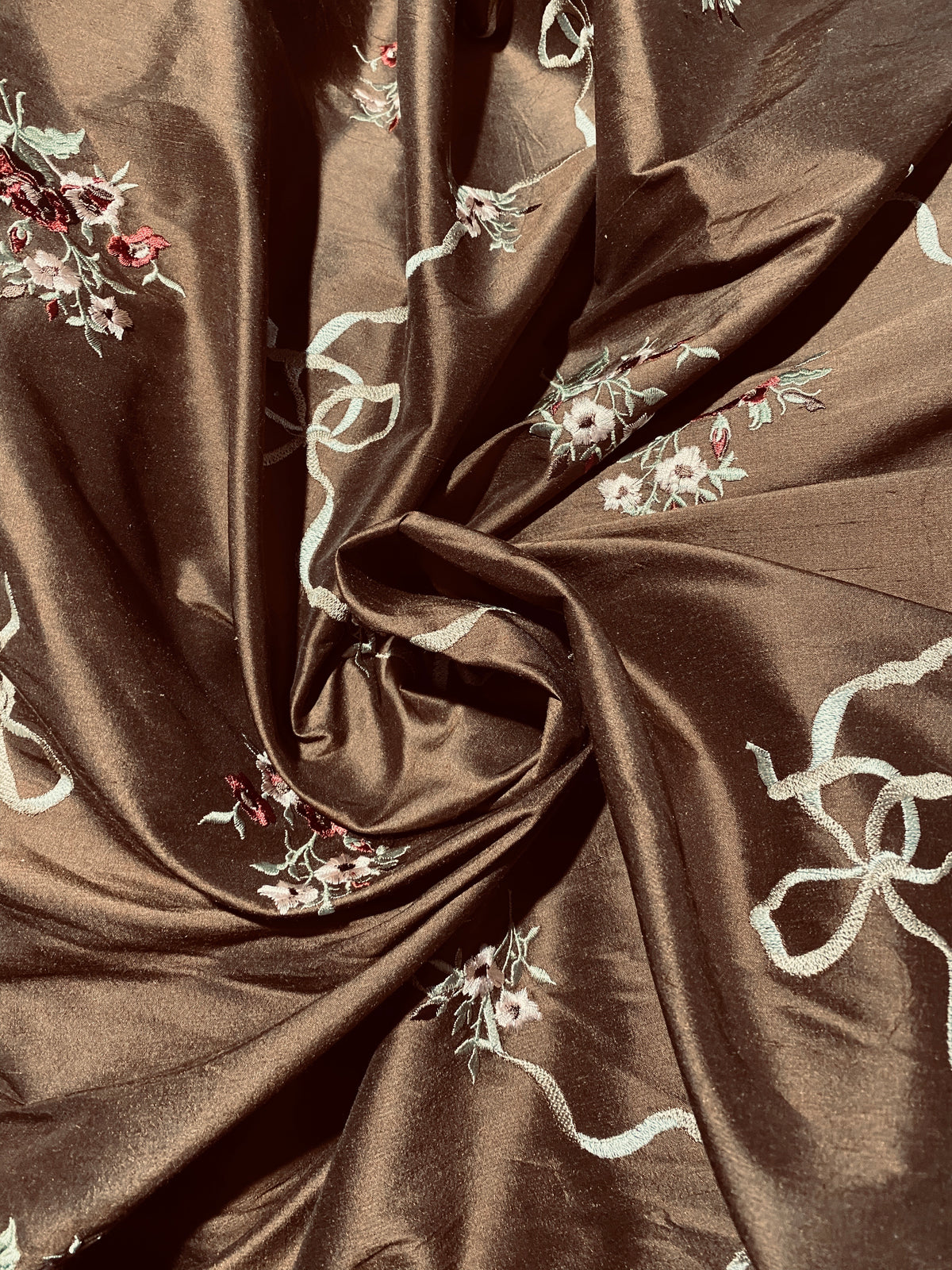 Princess Amelia Designer 100% Silk Dupioni Fabric - Brown Floral Bouquet with Bows - Fancy Styles Fabric Pierre Frey Lee Jofa Brunschwig & Fils