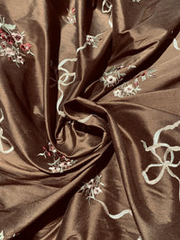 Princess Amelia Designer 100% Silk Dupioni Fabric - Brown Floral Bouquet with Bows - Fancy Styles Fabric Pierre Frey Lee Jofa Brunschwig & Fils