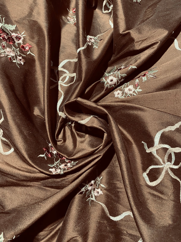 Princess Amelia Designer 100% Silk Dupioni Fabric - Brown Floral Bouquet with Bows - Fancy Styles Fabric Pierre Frey Lee Jofa Brunschwig & Fils