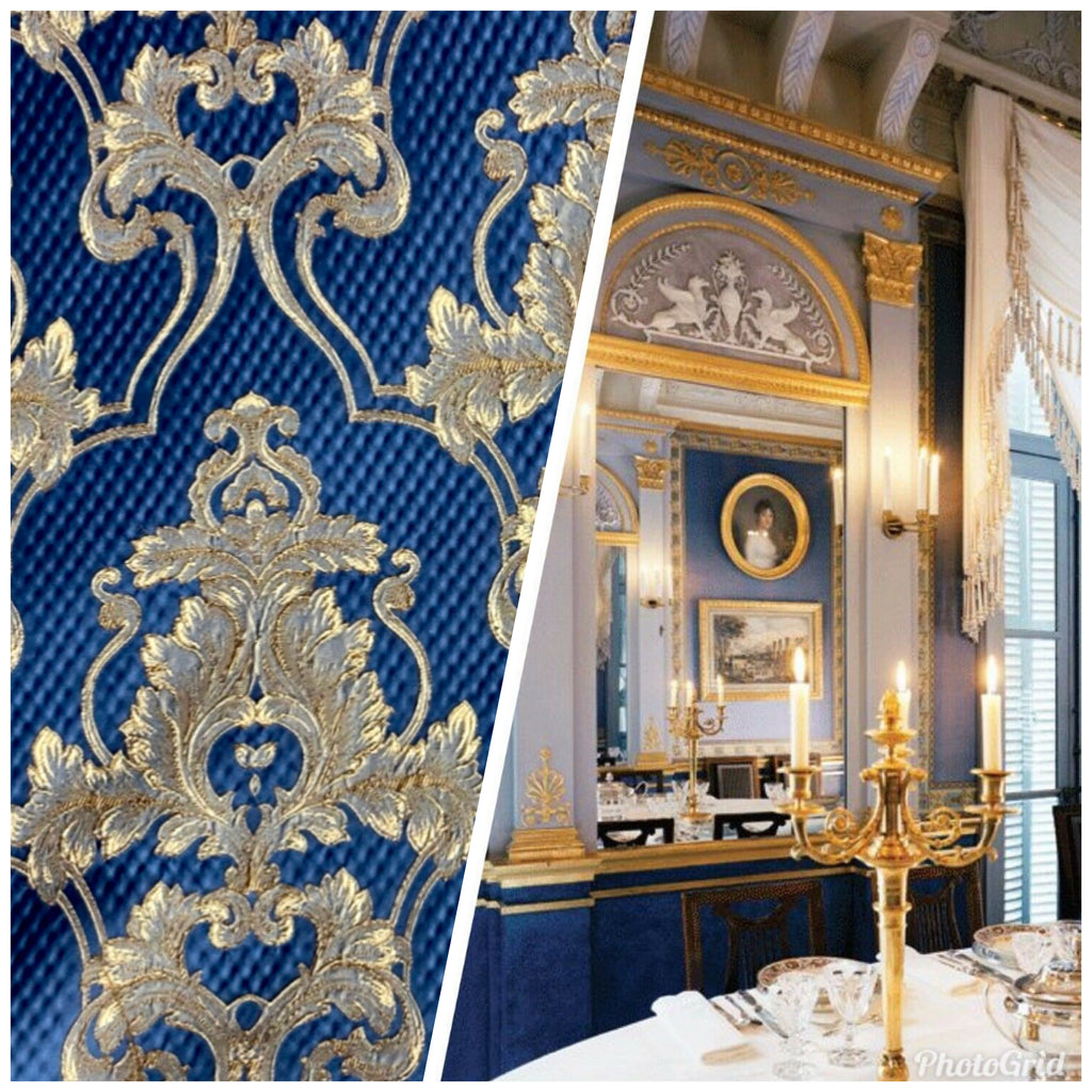 NEW Princess Clara Designer Brocade Upholstery & Drapery Satin Damask Fabric - Jewel Blue - Fancy Styles Fabric Pierre Frey Lee Jofa Brunschwig & Fils