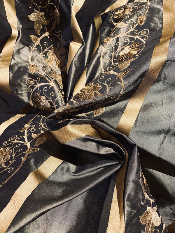 Duchess Jezebel 100% Silk Taffeta Embroidery Fabric - Dark Grey & Gold - Fancy Styles Fabric Pierre Frey Lee Jofa Brunschwig & Fils