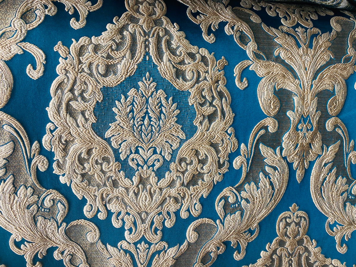 NEW Queen Marianna Novelty Ritz Neoclassical Brocade Satin Fabric - Teal Blue - Fancy Styles Fabric Pierre Frey Lee Jofa Brunschwig & Fils