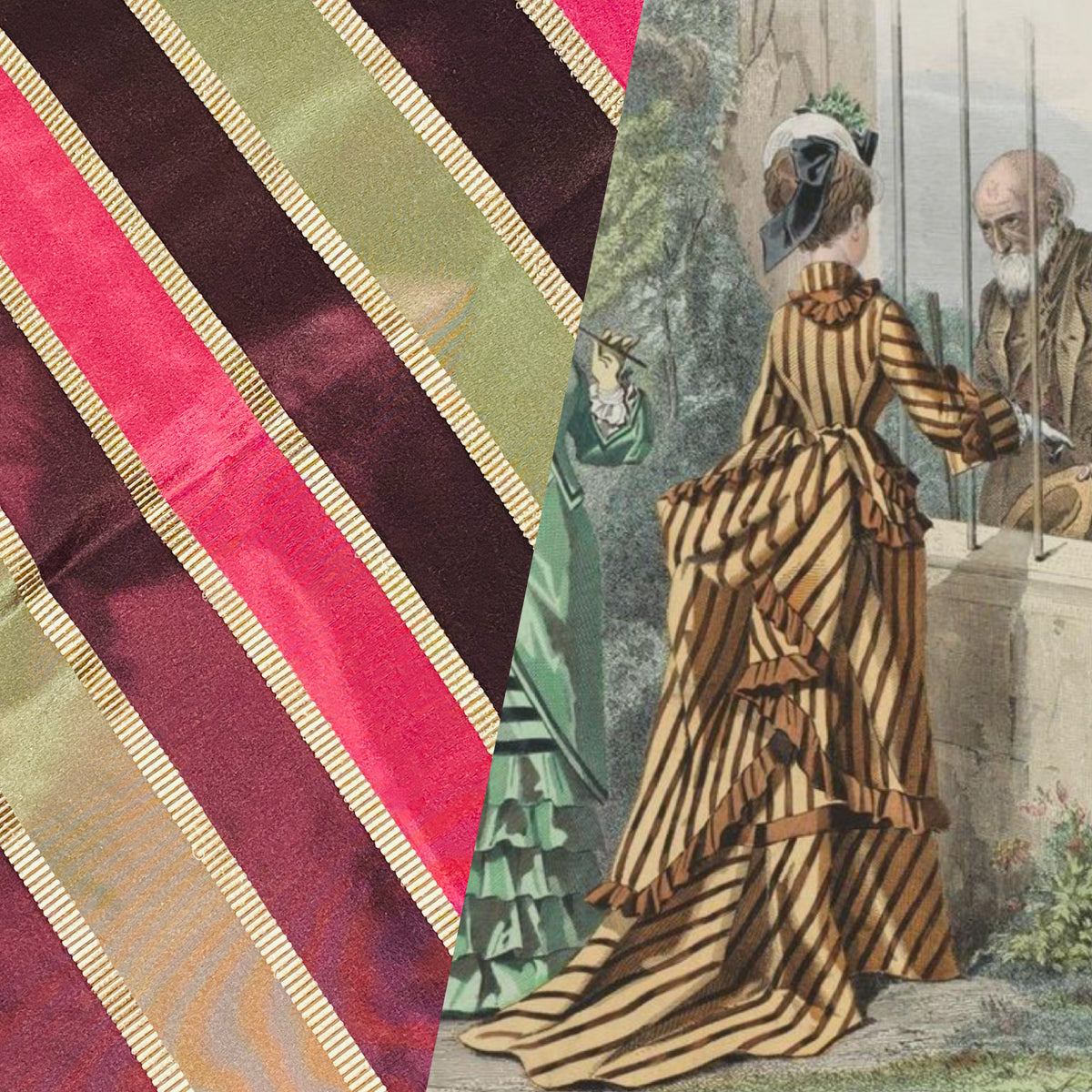 NEW Lady Marandem 100% Silk Taffeta Purple, Pink, Green Gold Satin Ribbon Stripe Fabric SB_8_40 - Fancy Styles Fabric Pierre Frey Lee Jofa Brunschwig & Fils