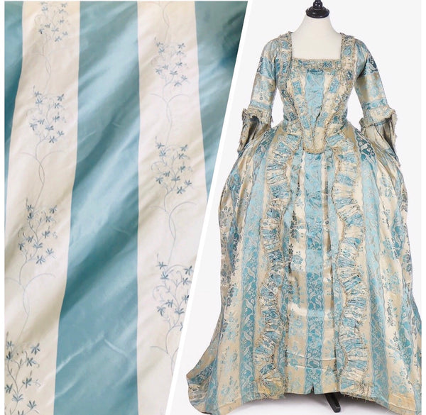 NEW! 100% Silk Taffeta Drapery Fabric Floral Embroidery - Costume- Blue White Stripe - Fancy Styles Fabric Pierre Frey Lee Jofa Brunschwig & Fils