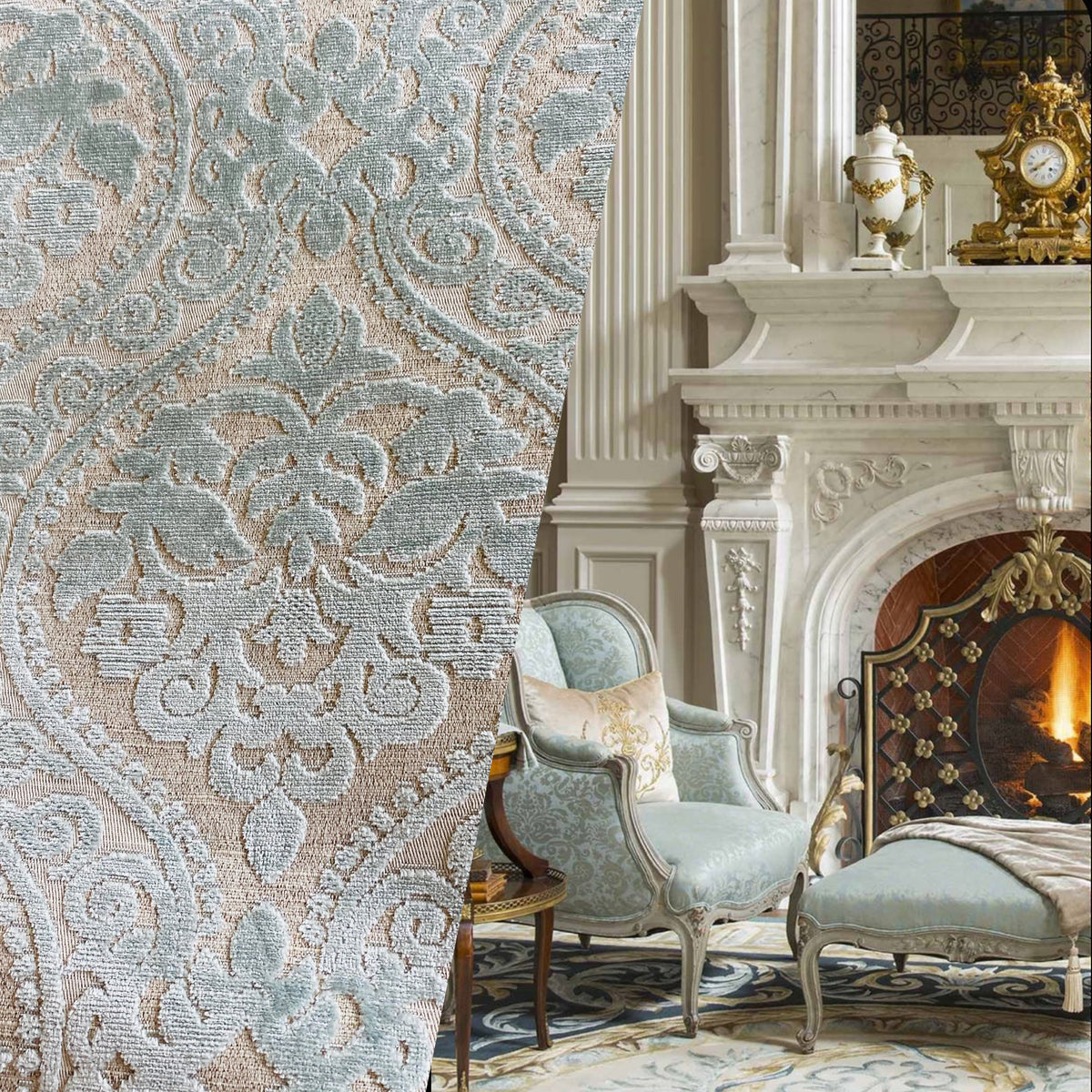 NEW! Sir Sanders Novelty Burnout Medallion Chenille Velvet Fabric - Light Aqua Blue- Upholstery - Fancy Styles Fabric Pierre Frey Lee Jofa Brunschwig & Fils