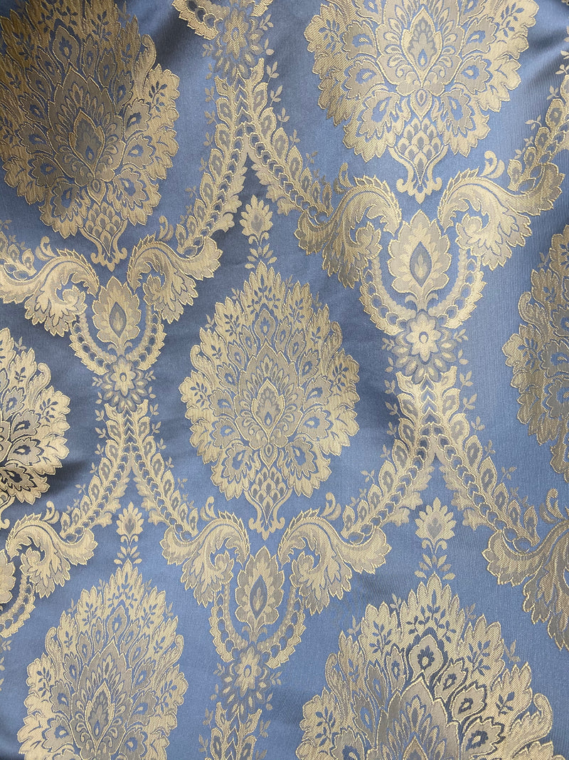 NEW! SALE! Princess Popper Satin Medallion Decorating & Upholstery Fabric -  Blue and Beige Gold