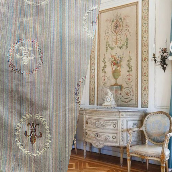 NEW Lady Brenda Novelty Medallion Embroidered 100% Silk Fabric in Multicolor Pinstripes - Fancy Styles Fabric Pierre Frey Lee Jofa Brunschwig & Fils