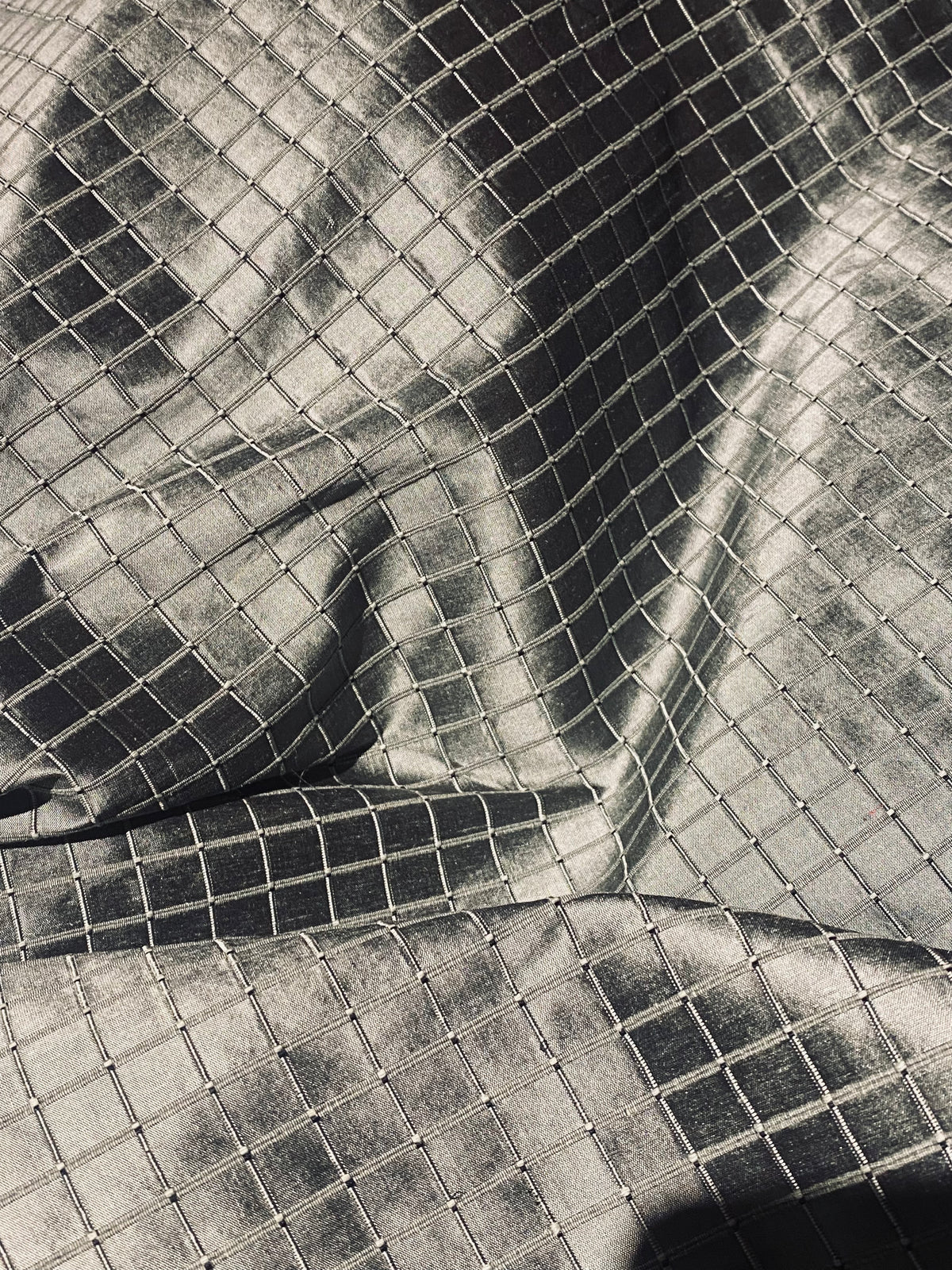 NEW Duchess Jenna 100% Silk Taffeta Fabric- Pewter with Embroidered Squares- SB_6_10 - Fancy Styles Fabric Pierre Frey Lee Jofa Brunschwig & Fils