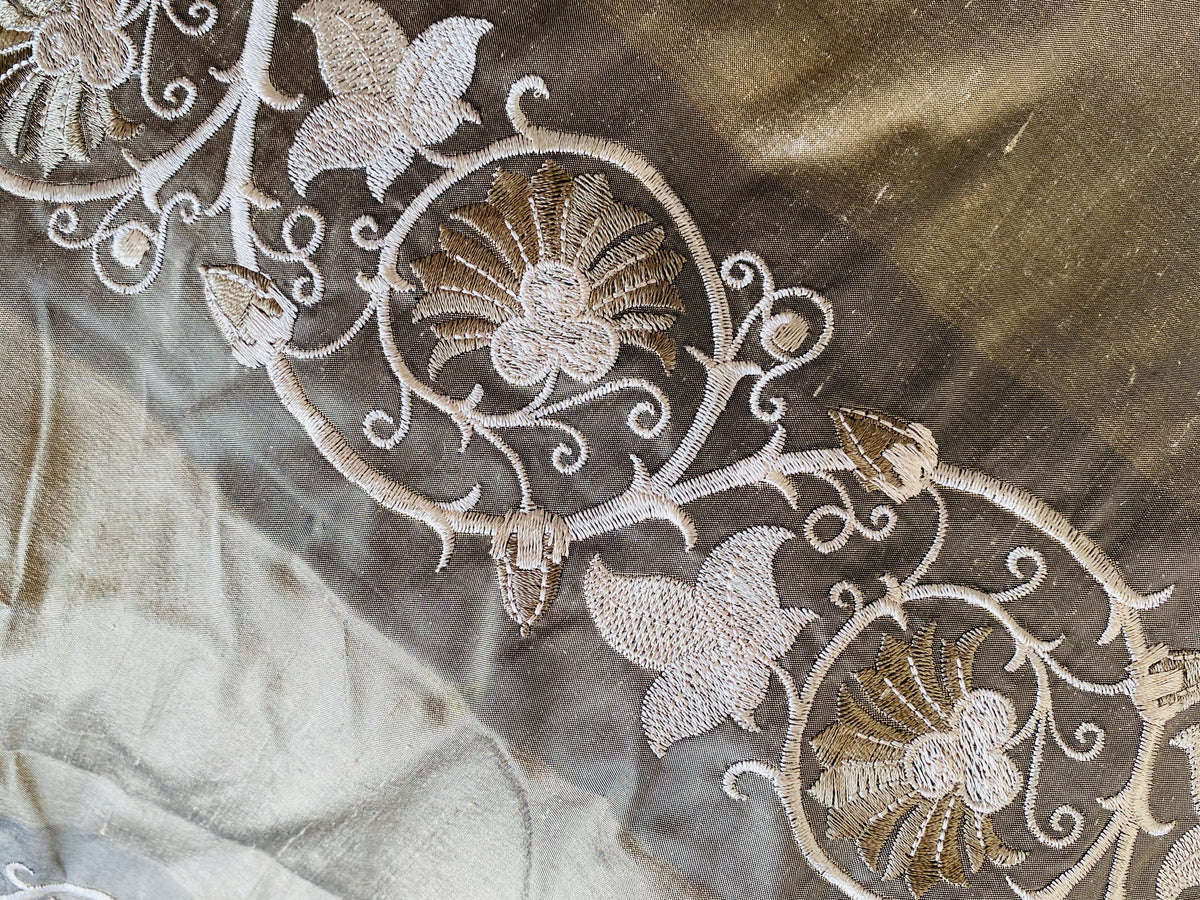 NEW Duchess Jezebel 100% Silk Taffeta Embroidered Scroll Stripe Floral Motif (no satin ribbon stripe) Old Gold - Fancy Styles Fabric Pierre Frey Lee Jofa Brunschwig & Fils