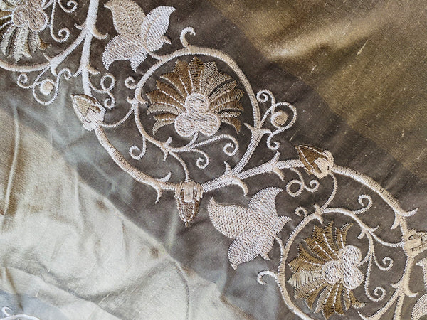 NEW Duchess Jezebel 100% Silk Taffeta Embroidered Scroll Stripe Floral Motif (no satin ribbon stripe) Old Gold - Fancy Styles Fabric Pierre Frey Lee Jofa Brunschwig & Fils