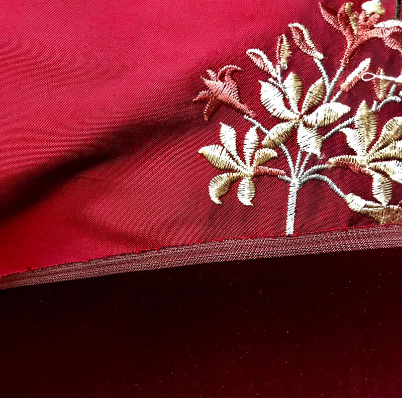 NEW Duchess Nicole Designer 100% Silk Dupioni Embroidered Floral Rows Fabric- Dark Red Iridescent - Fancy Styles Fabric Pierre Frey Lee Jofa Brunschwig & Fils