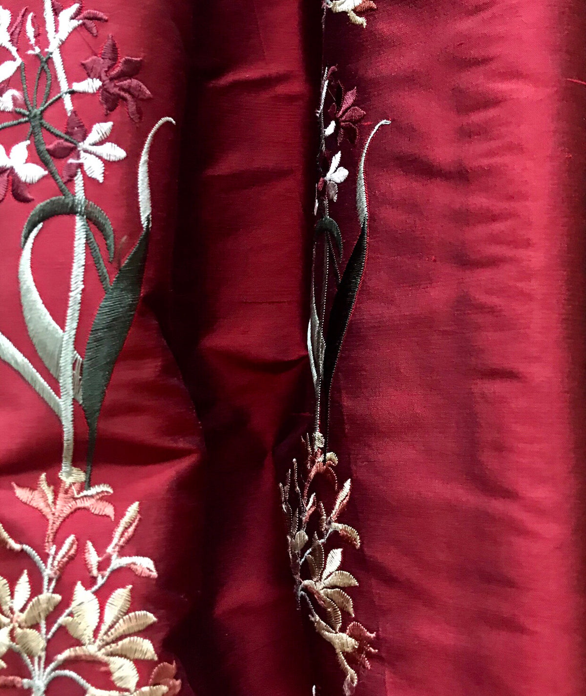 NEW Duchess Nicole Designer 100% Silk Dupioni Embroidered Floral Rows Fabric- Dark Red Iridescent - Fancy Styles Fabric Pierre Frey Lee Jofa Brunschwig & Fils