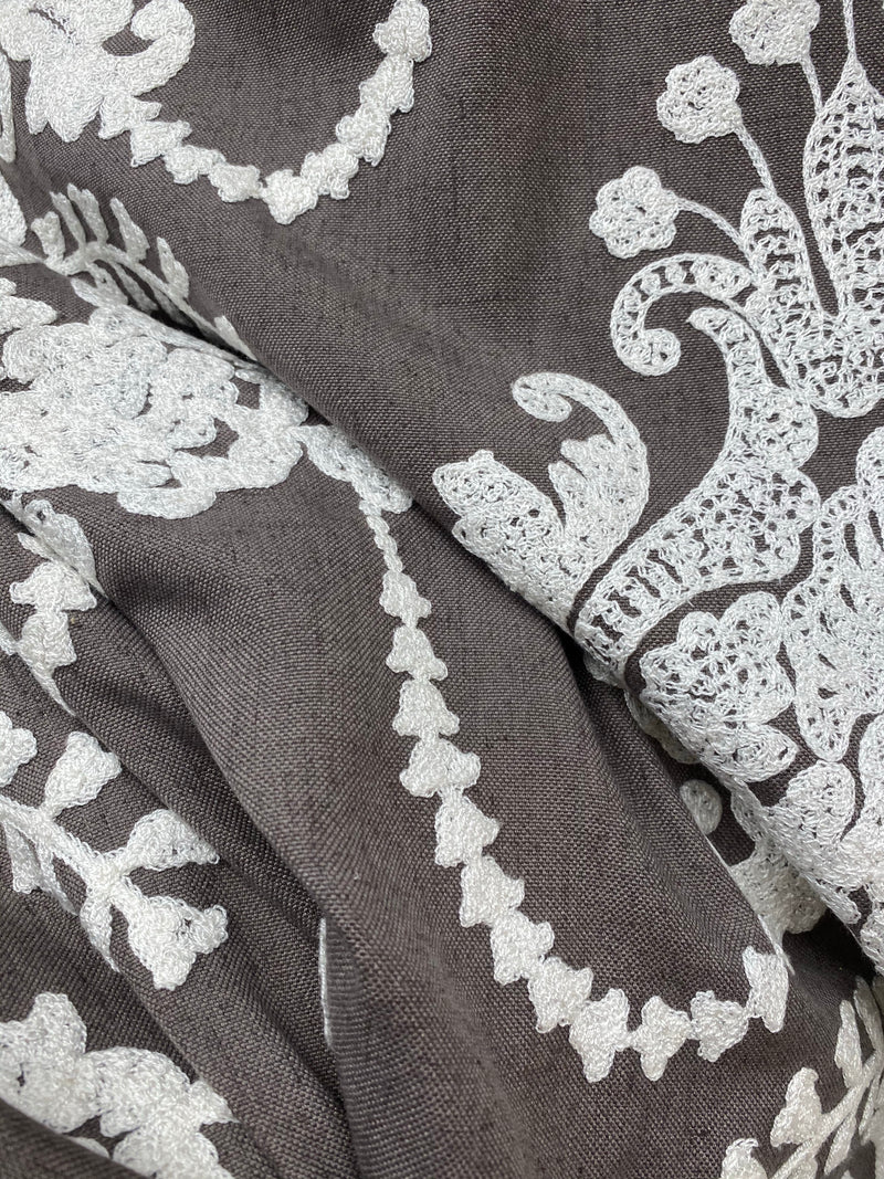 NEW! Lady Lila Novelty Crewel Embroidered Fabric Dark Grey and White - Fancy Styles Fabric Pierre Frey Lee Jofa Brunschwig & Fils