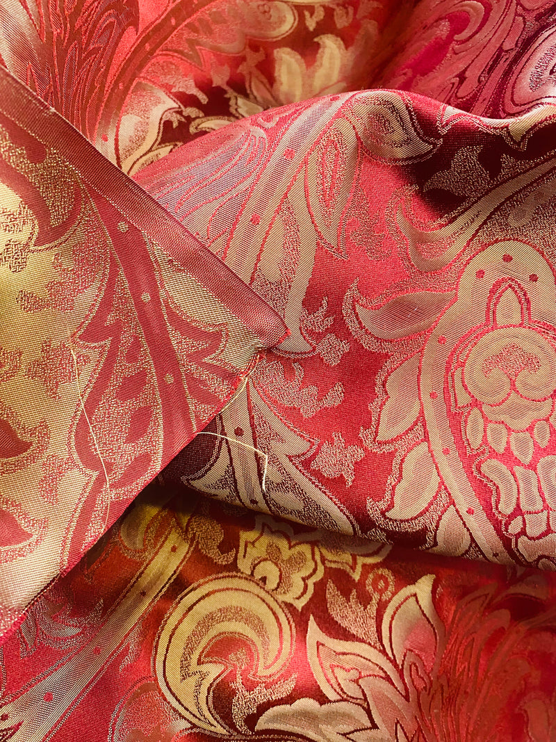 NEW Lord Mathias 100% Silk Taffeta Jacquard Floral Fabric - Red and Gold