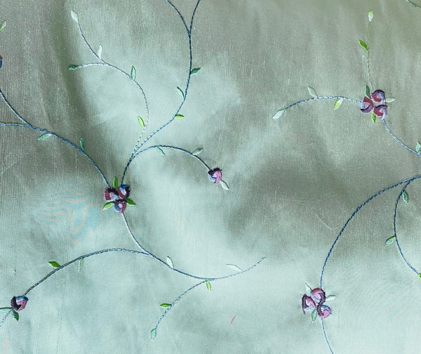 NEW Miss Jessica Designer 100% Silk Dupioni in Dusty Pistachio with Floral Embroidery- SB_3_6 - Fancy Styles Fabric Pierre Frey Lee Jofa Brunschwig & Fils