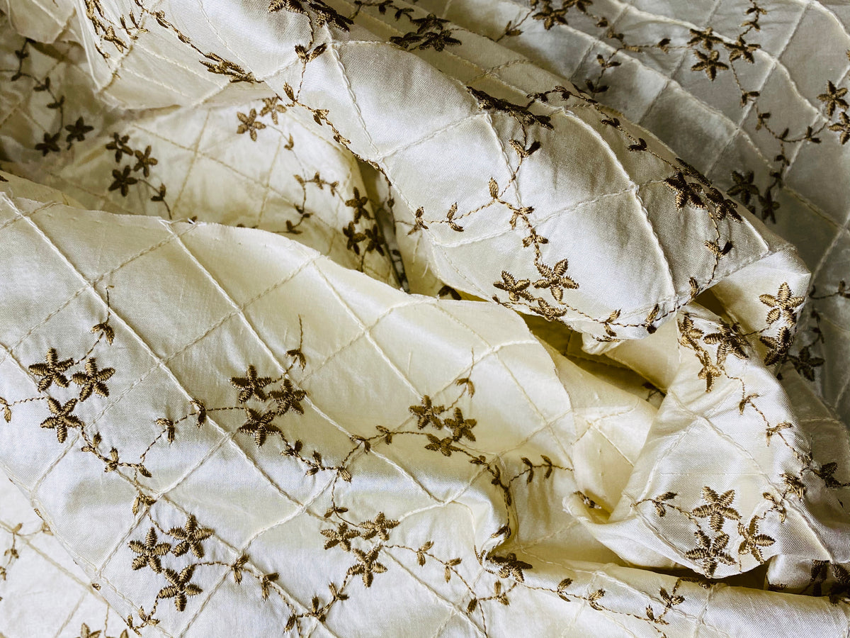 Queen Elisabeth 100% Silk Dupioni Embroidered Quilted Floral Fabric- Ivory - Fancy Styles Fabric Pierre Frey Lee Jofa Brunschwig & Fils