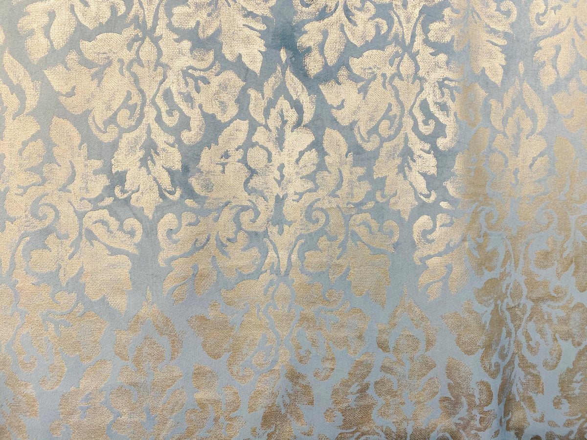 NEW! Lady Calentine Designer Burnout Antique Inspired Velvet Fabric Light Blue And Gold - Fancy Styles Fabric Pierre Frey Lee Jofa Brunschwig & Fils