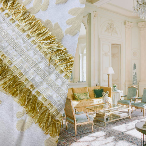 NEW Queen Dalia Italian Novelty Neoclassical Tassel Medallion Fabric - Parchment - Fancy Styles Fabric Pierre Frey Lee Jofa Brunschwig & Fils