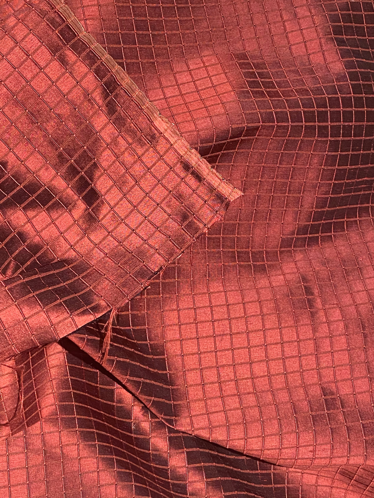 NEW Duchess Jenna 100% Silk Taffeta Fabric- Burnt Cranberry with Embroidered Squares- SB_6_3 - Fancy Styles Fabric Pierre Frey Lee Jofa Brunschwig & Fils