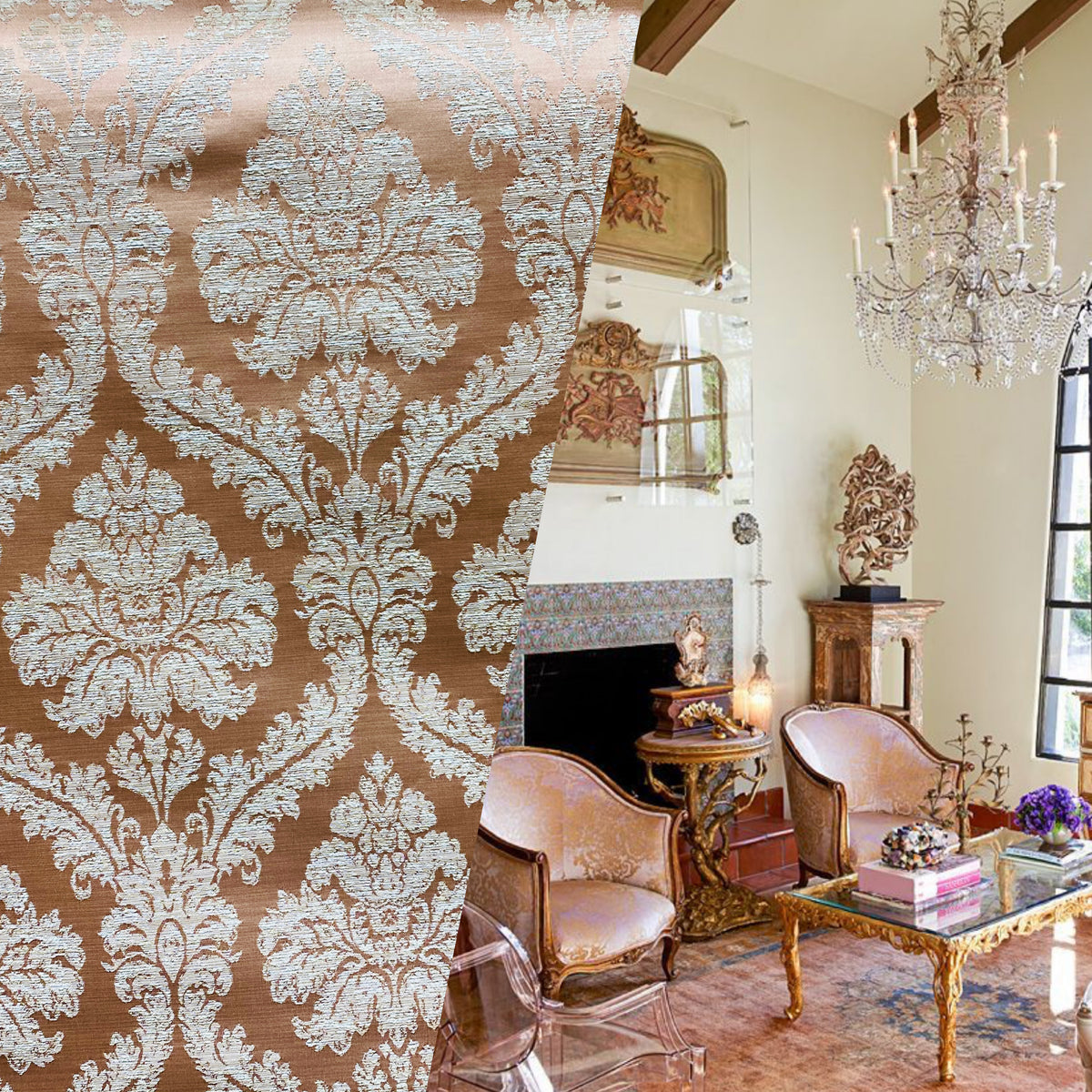 NEW! Princess Penelope Brocade Medallion Fabric- Salmon Pink - Fancy Styles Fabric Pierre Frey Lee Jofa Brunschwig & Fils