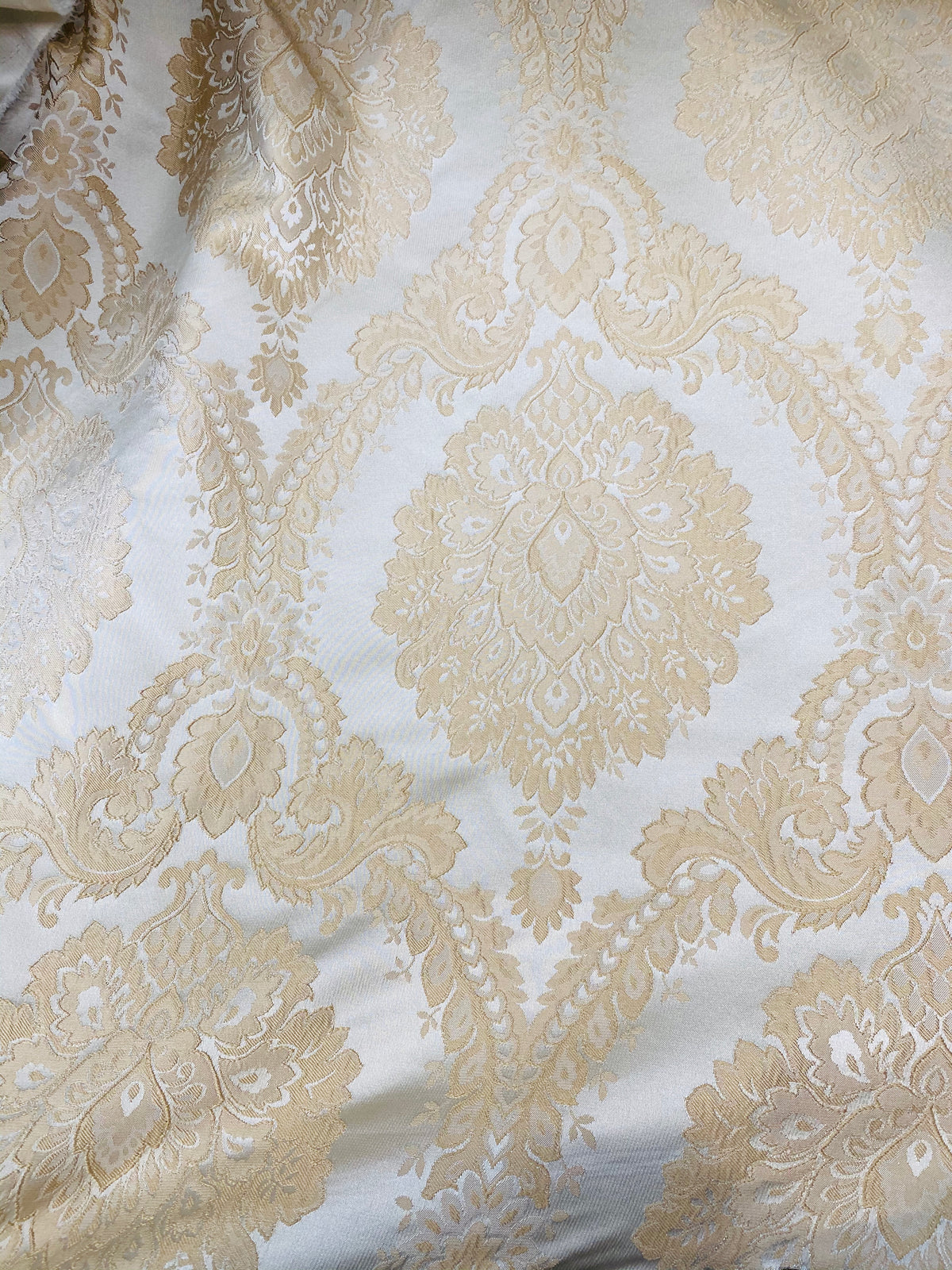 NEW! Prince Prescott Brocade Medallion Satin Fabric- Peach Gold and White - Fancy Styles Fabric Pierre Frey Lee Jofa Brunschwig & Fils