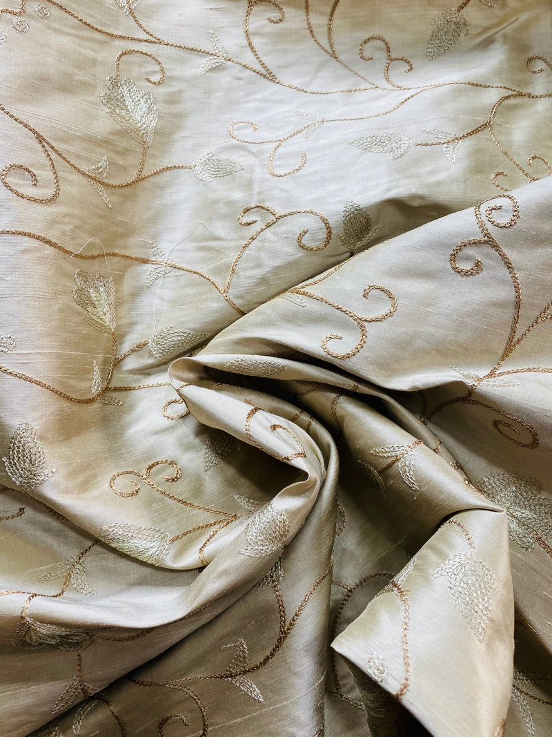 NEW Princess Primrose 100% Silk Dupioni Fabric With Crewel Floral Embroidery- Bone - Fancy Styles Fabric Pierre Frey Lee Jofa Brunschwig & Fils