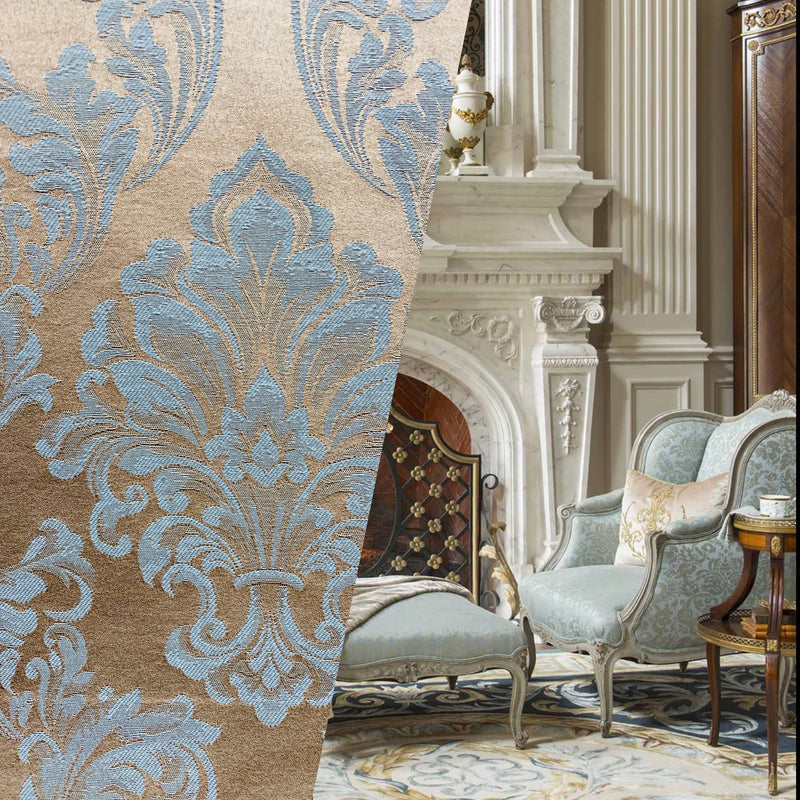 NEW! SALE! Princess Popper Satin Medallion Decorating & Upholstery Fabric - Blue and Beige Gold