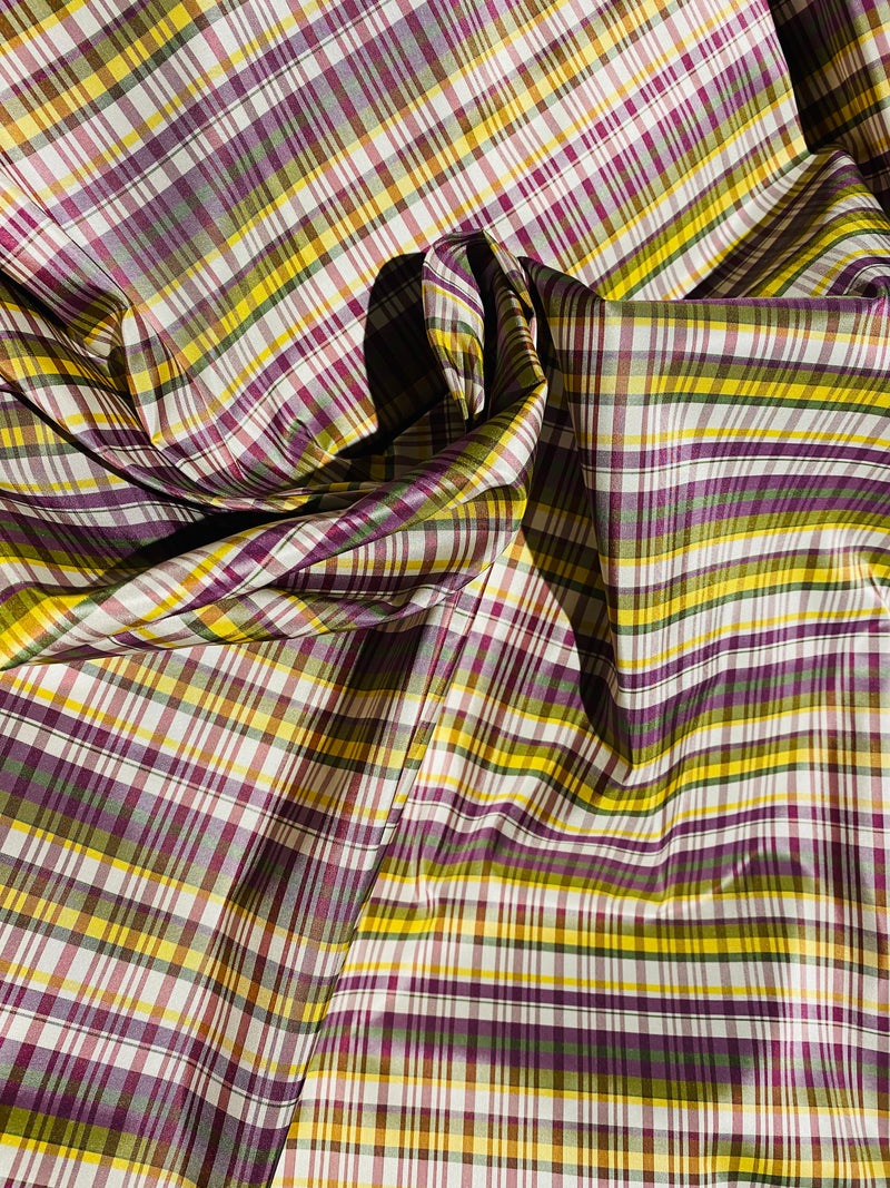 NEW Lady Riley Designer 100% Silk Taffeta Plaid Tartan Fabric -Purple, Green & Yellow SB_6_36