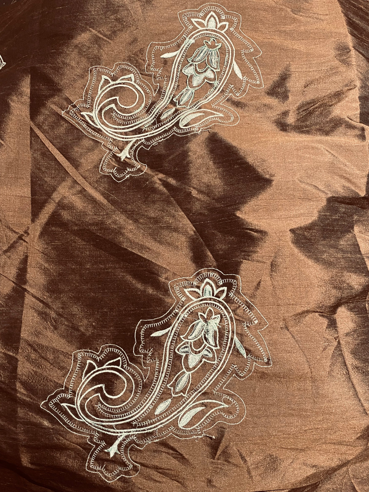 NEW Lady Erin 100% Silk Dupioni Embroidered Paisley Fabric Brown and Blue SB_3_25 - Fancy Styles Fabric Pierre Frey Lee Jofa Brunschwig & Fils