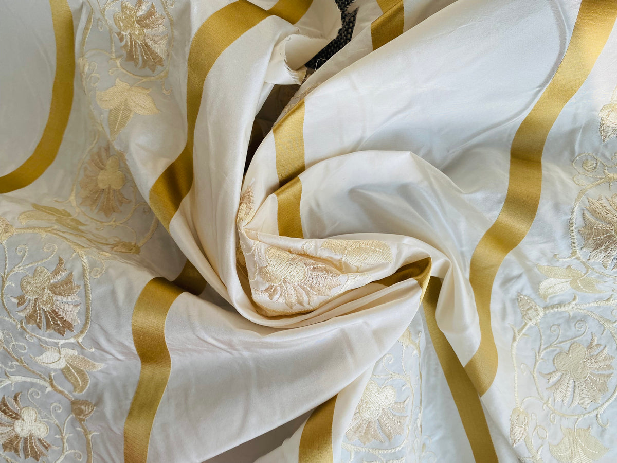 NEW Duchess Jezebel 100% Silk Taffeta Embroidered Scroll Stripe Floral Motif Cream White and Gold - Fancy Styles Fabric Pierre Frey Lee Jofa Brunschwig & Fils