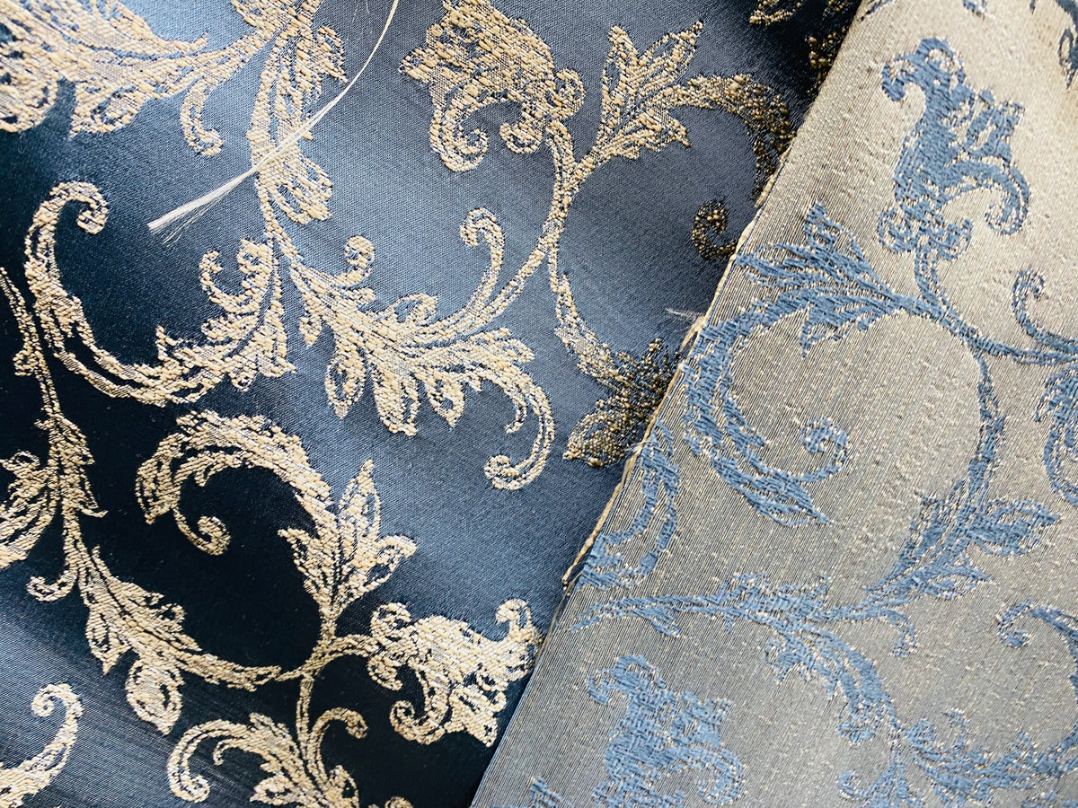 NEW! Princess Panther Brocade Leaf Swirly Motif Satin Fabric- Blue - Fancy Styles Fabric Pierre Frey Lee Jofa Brunschwig & Fils