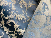 NEW! Princess Panther Brocade Leaf Swirly Motif Satin Fabric- Blue - Fancy Styles Fabric Pierre Frey Lee Jofa Brunschwig & Fils