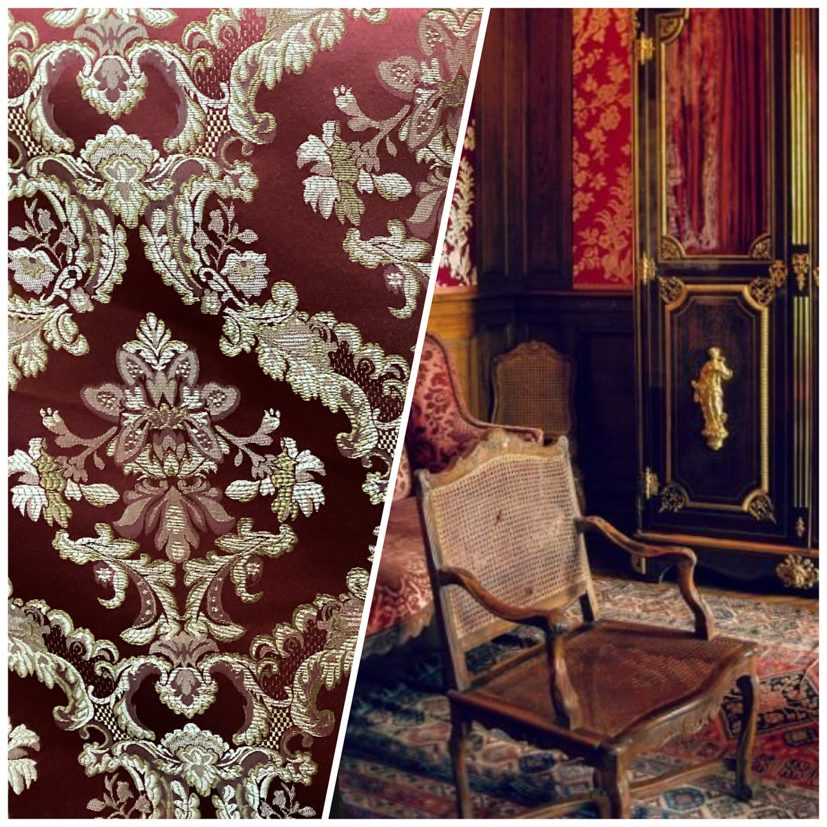 NEW Prince Lucas Designer Brocade Satin Damask Fabric- Red & Gold- Upholstery & Drapery - Fancy Styles Fabric Pierre Frey Lee Jofa Brunschwig & Fils