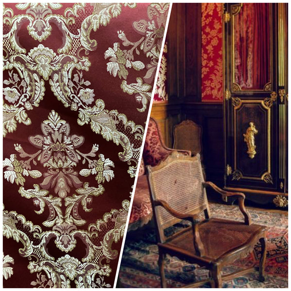 NEW Prince Lucas Designer Brocade Satin Damask Fabric- Red & Gold- Upholstery & Drapery - Fancy Styles Fabric Pierre Frey Lee Jofa Brunschwig & Fils