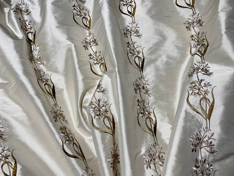 Style 30- 100% Silk Dupioni with Embroidered Floral Motif- Cream with Taupe Flowers - Fancy Styles Fabric Pierre Frey Lee Jofa Brunschwig & Fils