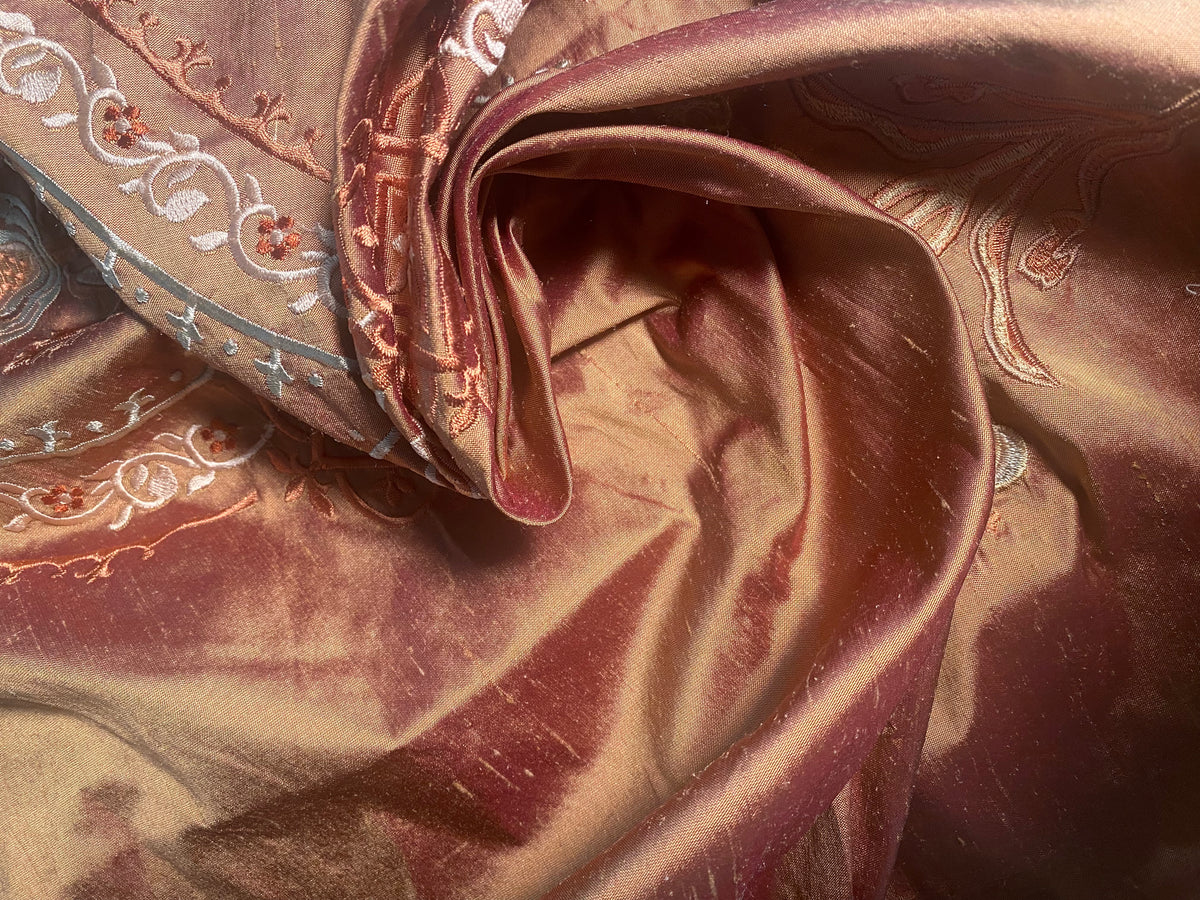 NEW Queen Riviera Novelty 100% Silk Dupioni Embroidered Floral Fabric - Copper Pink - Fancy Styles Fabric Pierre Frey Lee Jofa Brunschwig & Fils