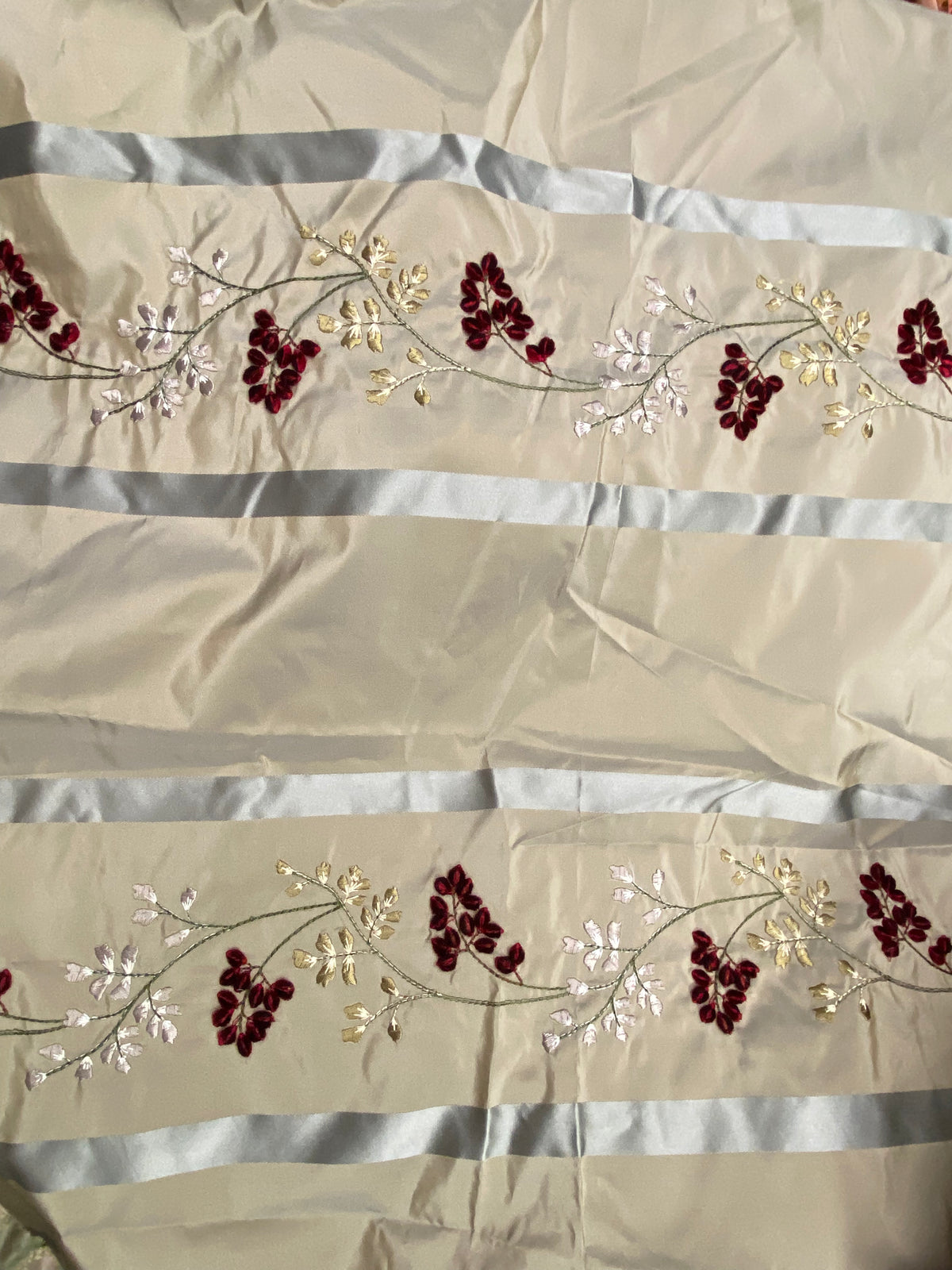 Lady Lana Designer 100% Silk Taffeta Embroidered Fabric- Grey Burgundy Stripe Floral - Fancy Styles Fabric Pierre Frey Lee Jofa Brunschwig & Fils