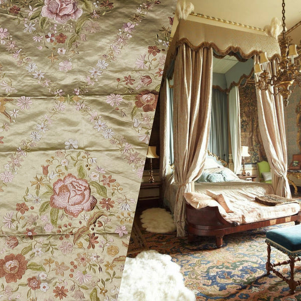 NEW! King Louis XIV Novelty 100% Silk Jacquard Embroidered Floral Upholstery Fabric - Green Champagne - Fancy Styles Fabric Pierre Frey Lee Jofa Brunschwig & Fils