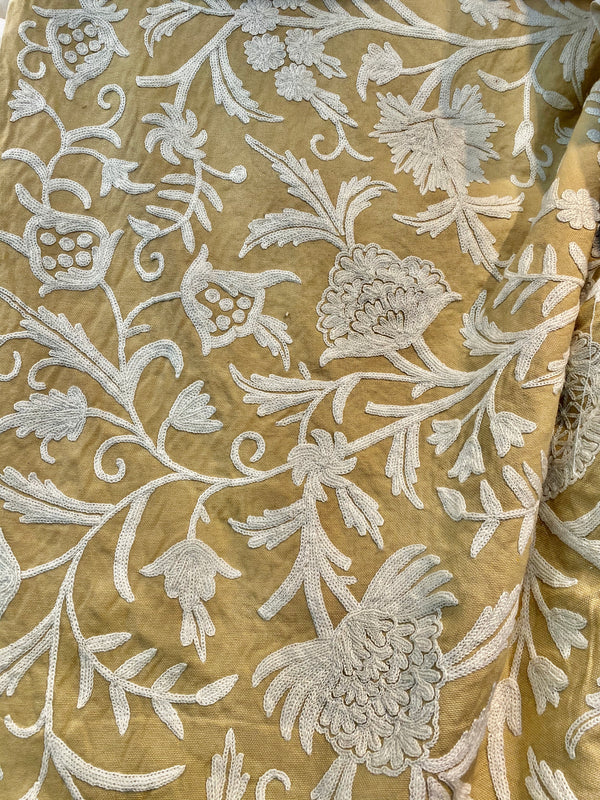 NEW! SALE! Lady Gelina Novelty Crewel Embroidered 100% Cotton Fabric Camel and White - Fancy Styles Fabric Pierre Frey Lee Jofa Brunschwig & Fils