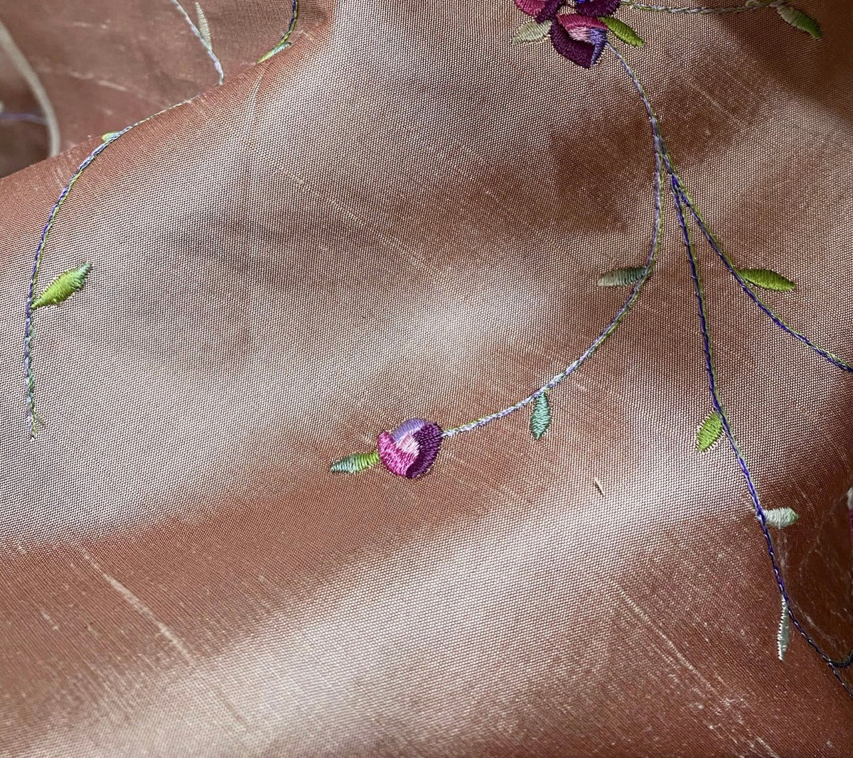 NEW Miss Jessica Designer 100% Silk Dupioni in Rose Gold with Floral Embroidery- SB_3_7 - Fancy Styles Fabric Pierre Frey Lee Jofa Brunschwig & Fils