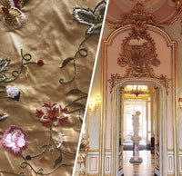 NEW! BACK IN STOCK! SALE! Lady Melody Designer 100% Silk Taffeta Embroidered Floral Fabric - Gold GFSAY0002 - Fancy Styles Fabric Pierre Frey Lee Jofa Brunschwig & Fils