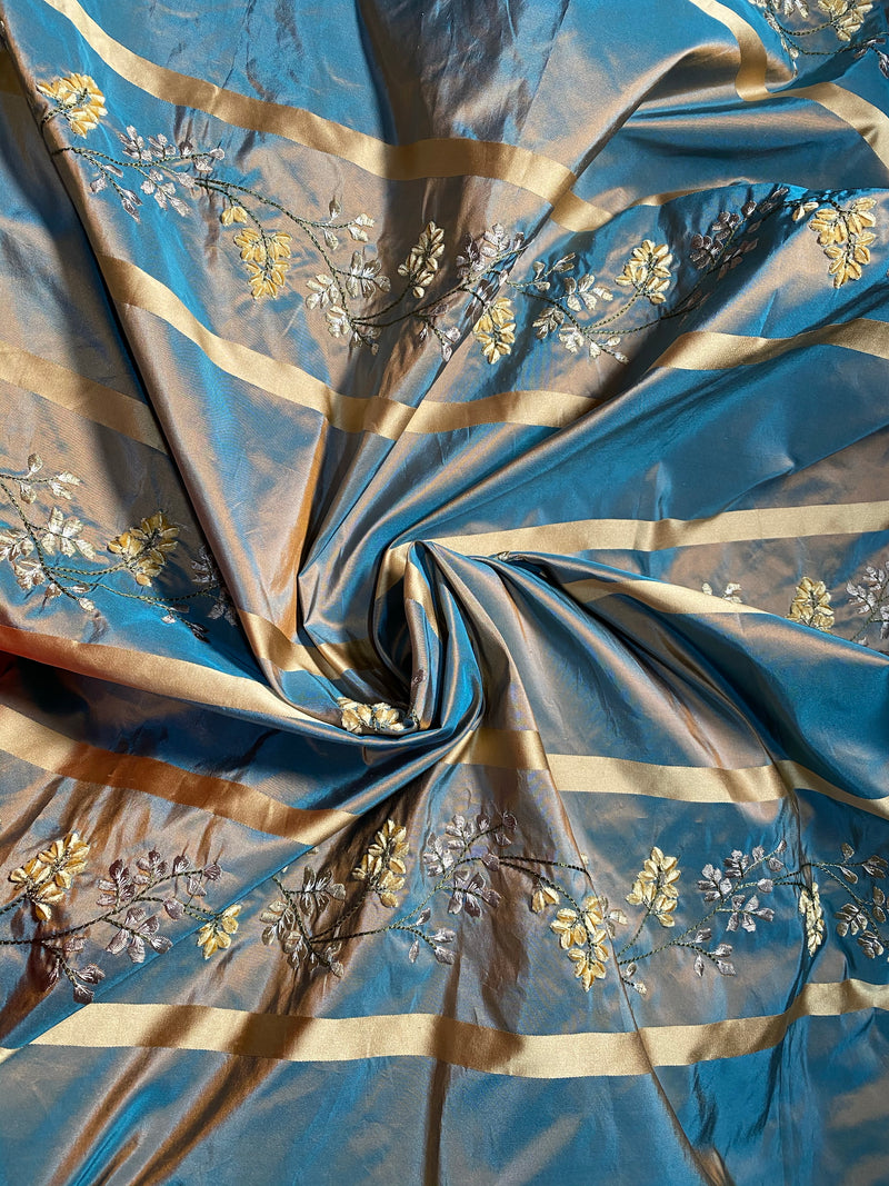 Designer Lady Lana 100% Silk Taffeta Embroidery Fabric Teal & Peach Iridescent - Fancy Styles Fabric Pierre Frey Lee Jofa Brunschwig & Fils
