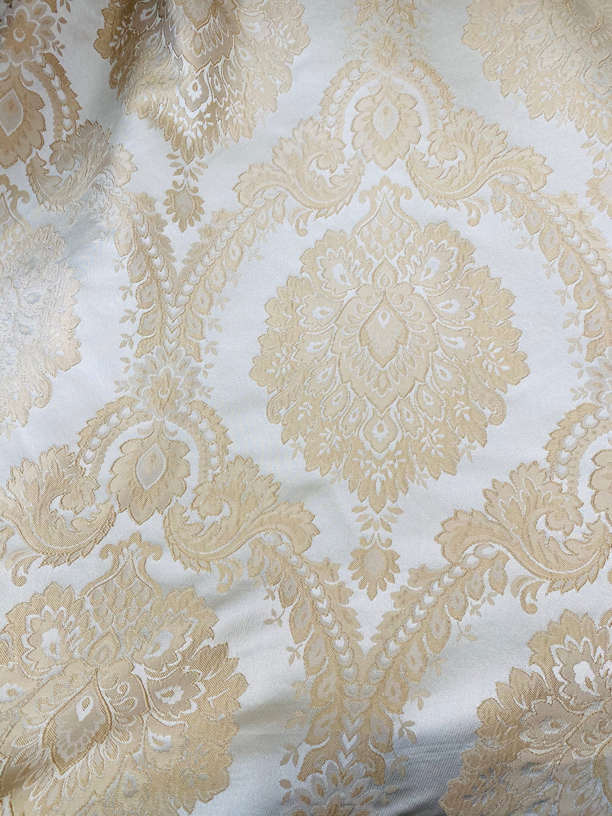 NEW! Prince Prescott Brocade Medallion Satin Fabric- Peach Gold and White - Fancy Styles Fabric Pierre Frey Lee Jofa Brunschwig & Fils