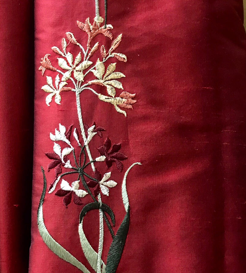 NEW Duchess Nicole Designer 100% Silk Dupioni Embroidered Floral Rows Fabric- Dark Red Iridescent - Fancy Styles Fabric Pierre Frey Lee Jofa Brunschwig & Fils
