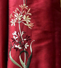 NEW Duchess Nicole Designer 100% Silk Dupioni Embroidered Floral Rows Fabric- Dark Red Iridescent - Fancy Styles Fabric Pierre Frey Lee Jofa Brunschwig & Fils