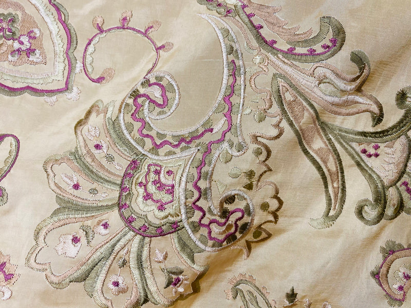 NEW! Duchess Minka Faux Paisley Silk Embroidered Fabric Champagne and Olive