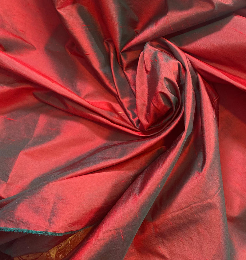 NEW Duchess Mable 100% Silk Dupioni Fabric Solid Red w/ Electric Green Iridescence