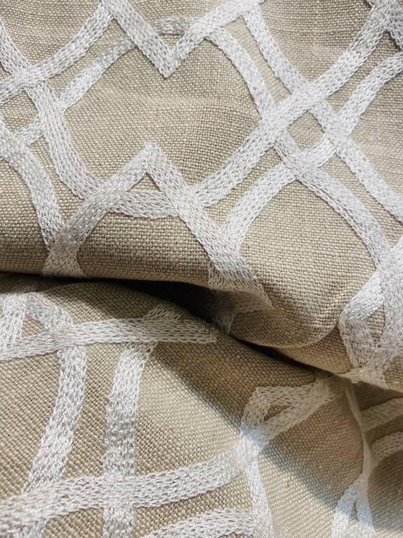 NEW! SALE! Prince Gregorian Novelty 100% Linen Fabric Geometric Embroidery- Natural and White