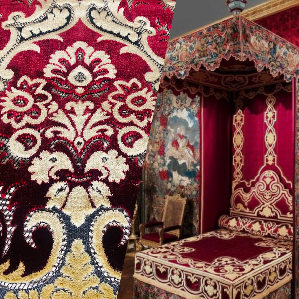 NEW Sir Scott Designer Italian Burnout Medallion Chenille Velvet Fabric Ruby Red and Beige Yellow- Upholstery - Fancy Styles Fabric Pierre Frey Lee Jofa Brunschwig & Fils