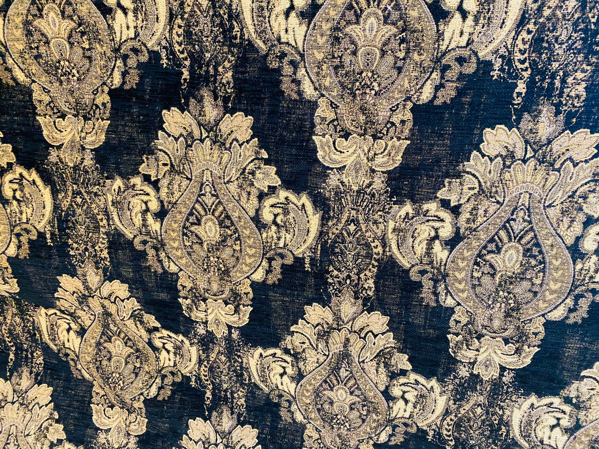 NEW! Duke Dragonus Designer Kilim Rug Inspired Medallion Upholstery Chenille Fabric- Black and Gold - Fancy Styles Fabric Pierre Frey Lee Jofa Brunschwig & Fils